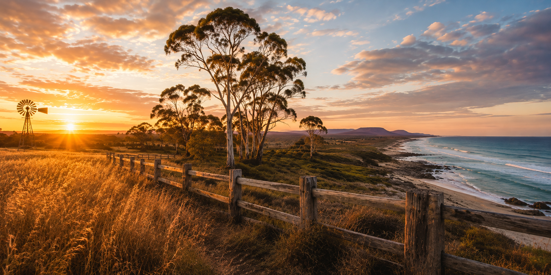 Australian landscape with golden fields, eucalyptus trees, weathered timber fencing and coastline at sunset
