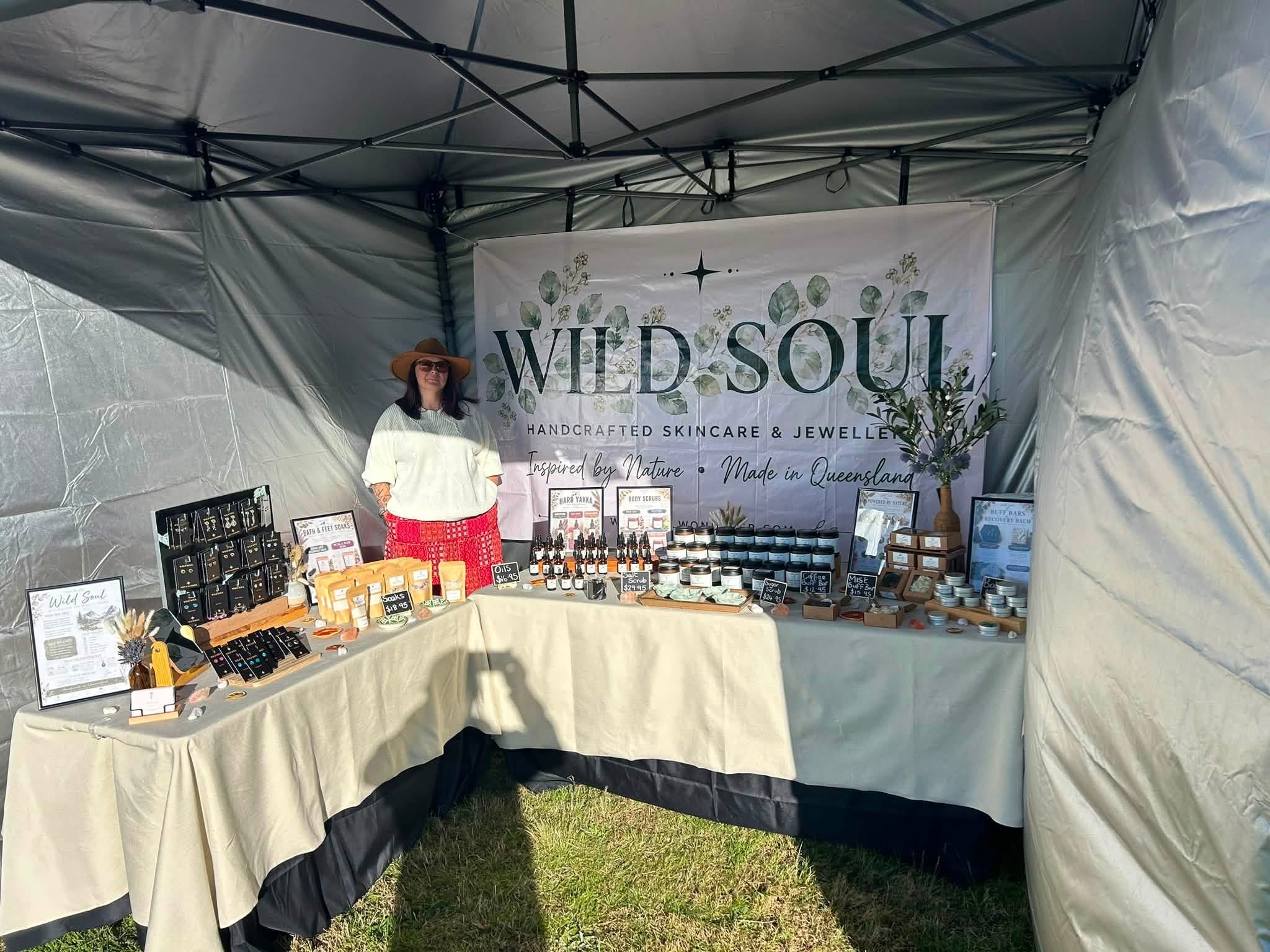 Wild Soul market stall with handmade skincare, recovery products and jewellery